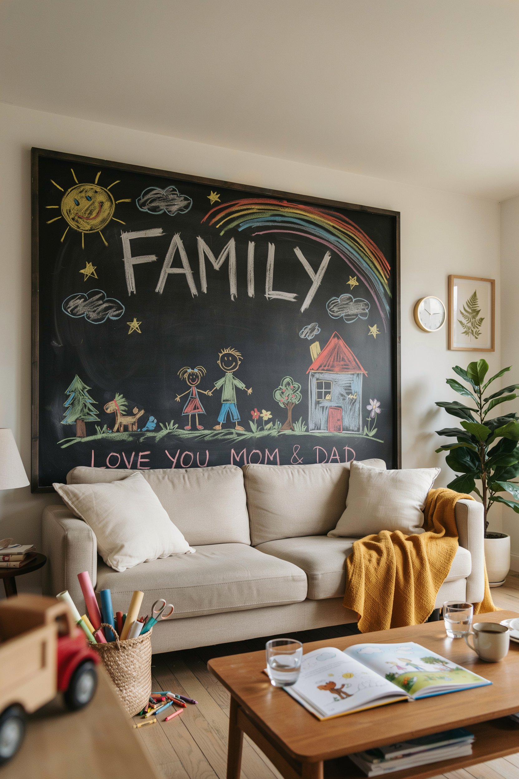 Family living room with a large chalkboard panel wall for kids creative play