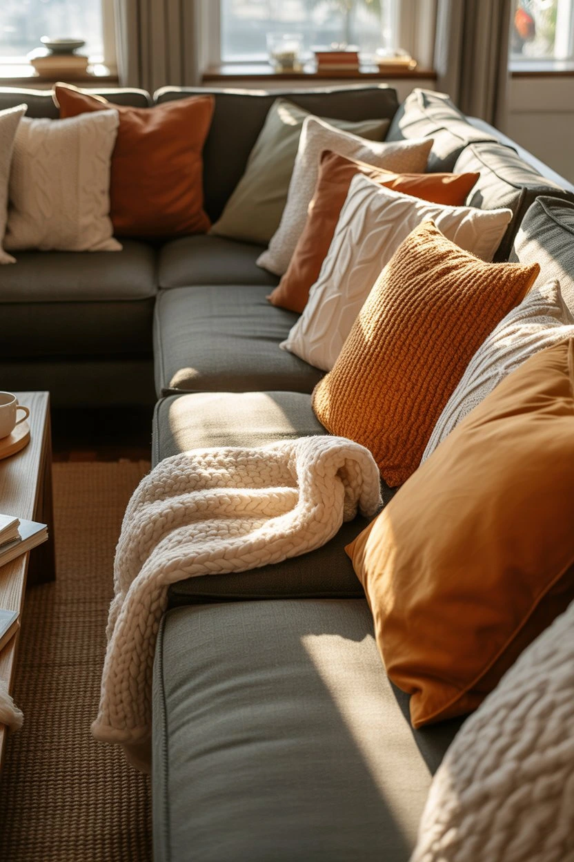 Cozy sectional sofa with textured throw pillows in a modern living room