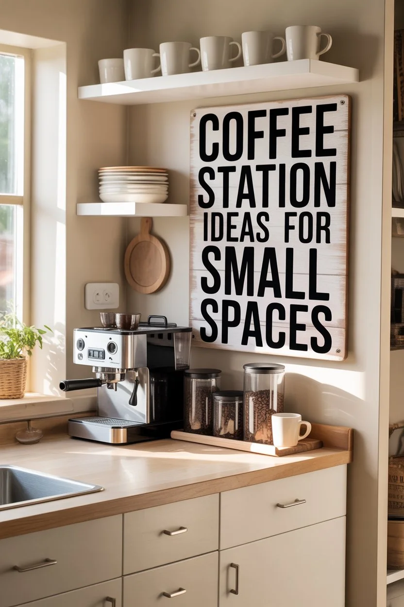 Small kitchen coffee station with shelves and modern coffee machine