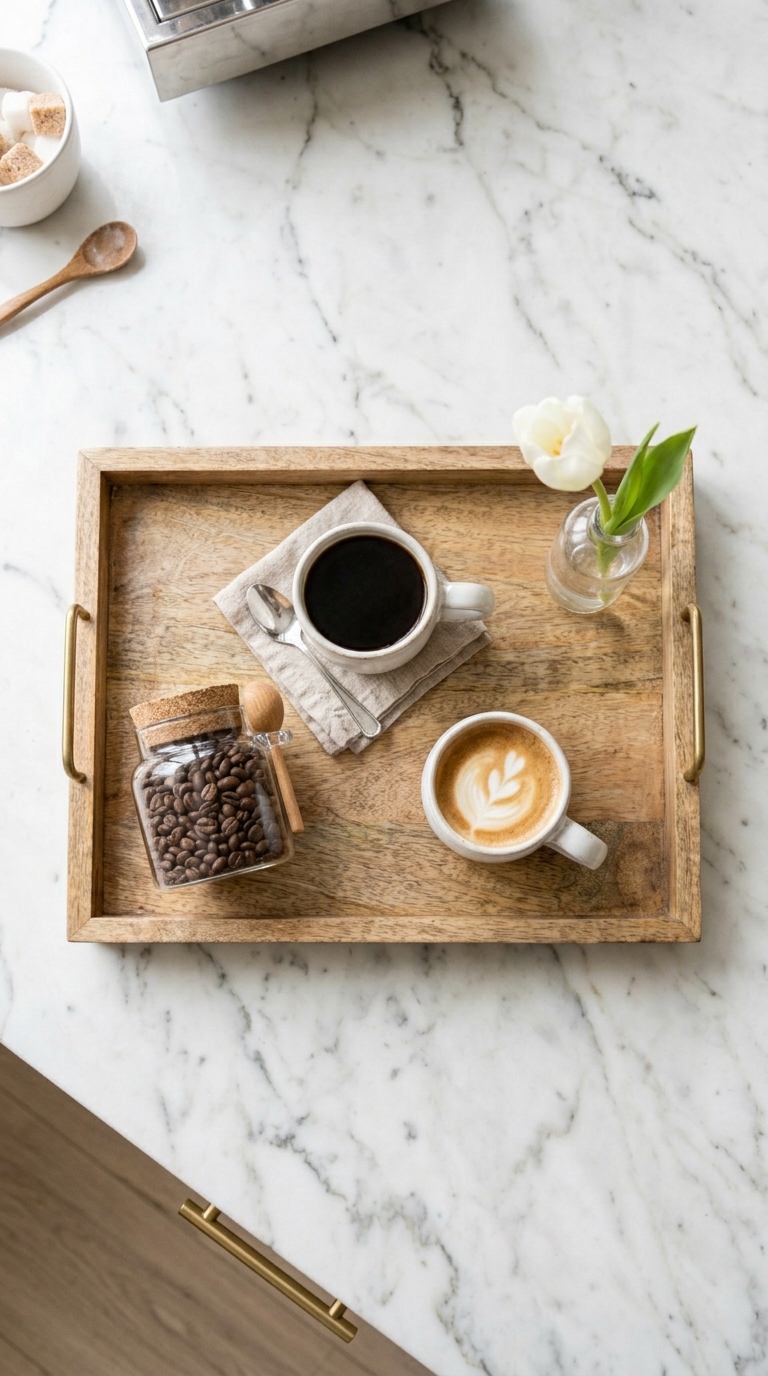 Minimalist coffee tray bar on marble countertop with espresso machine, white mugs, and bud vase