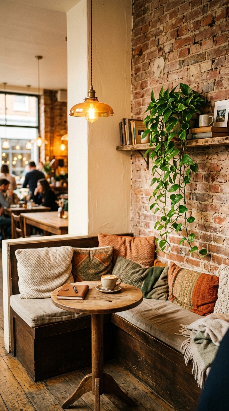 Cozy coffee shop corner nook with cushioned bench, round table, pendant light, and trailing plant