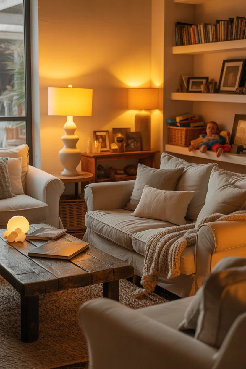 Cozy family living room with warm lighting, neutral sofa, wooden table and soft decor