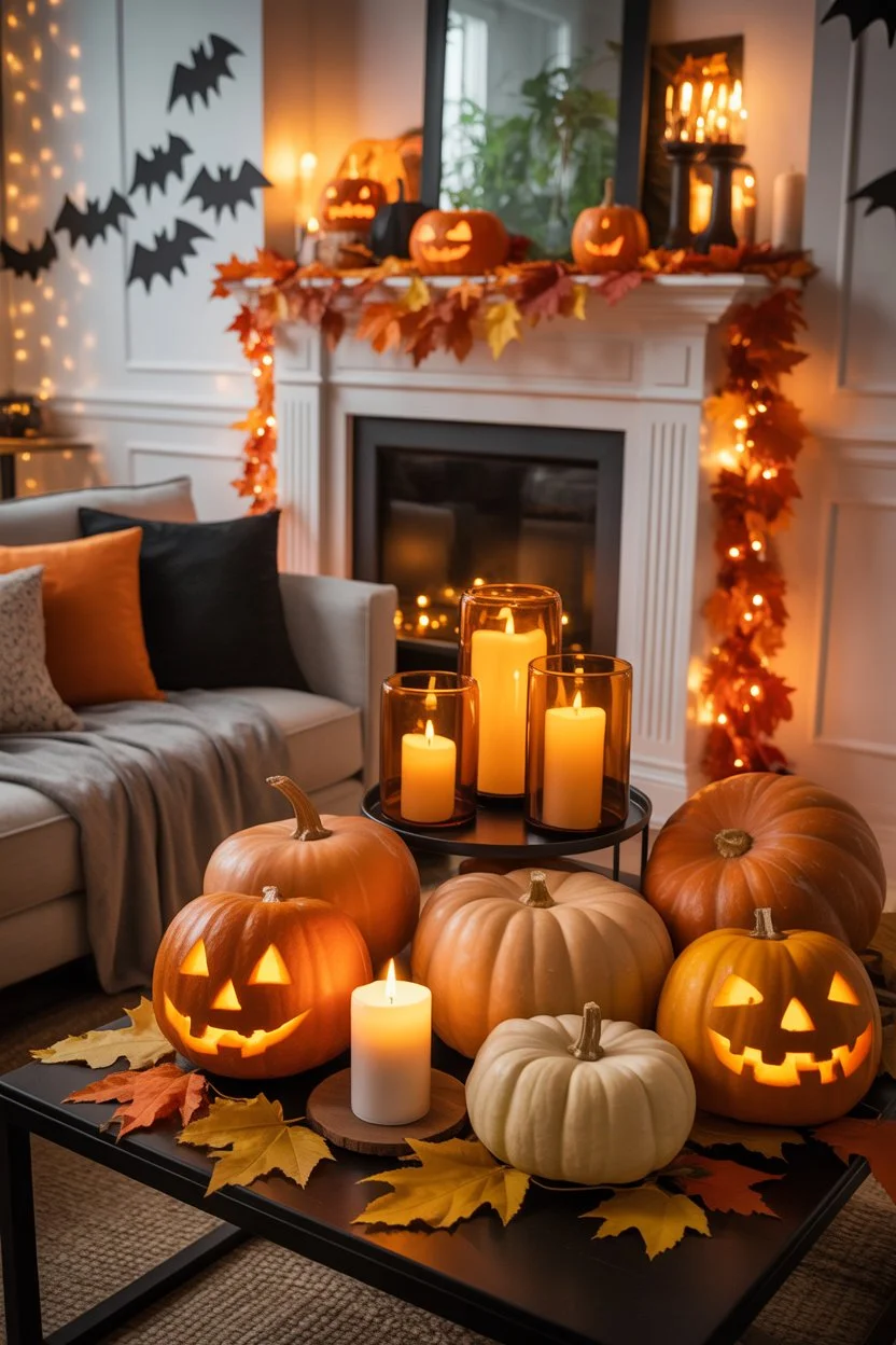 Cozy Halloween living room decor with glowing candles and carved pumpkins