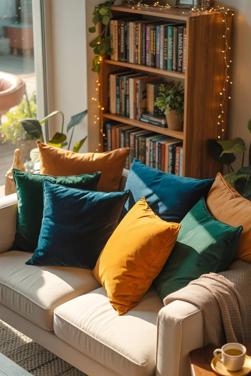 Cozy living room corner with sofa cushions, bookshelf, and warm lighting