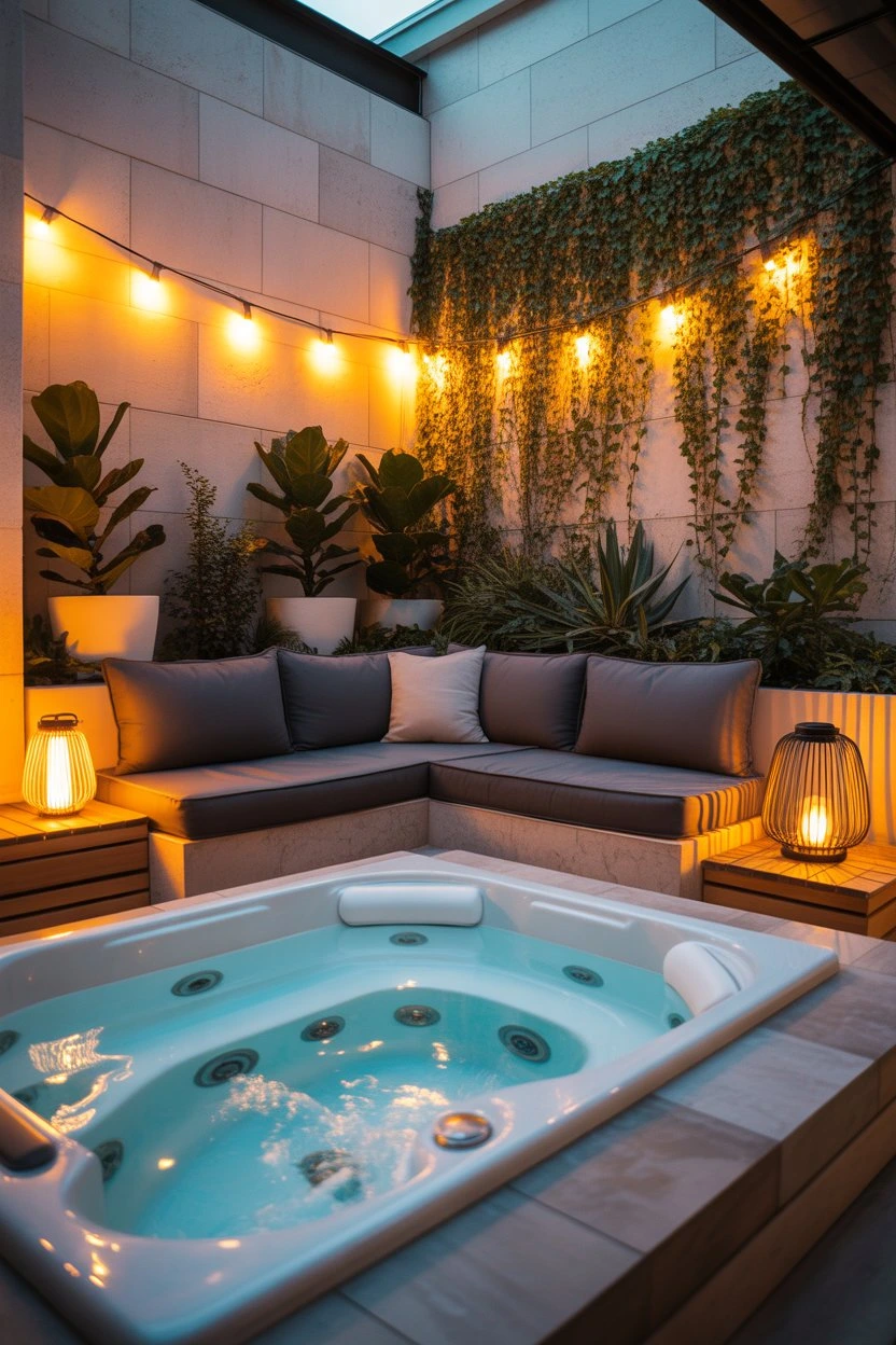 Cozy outdoor jacuzzi patio with warm lighting and greenery