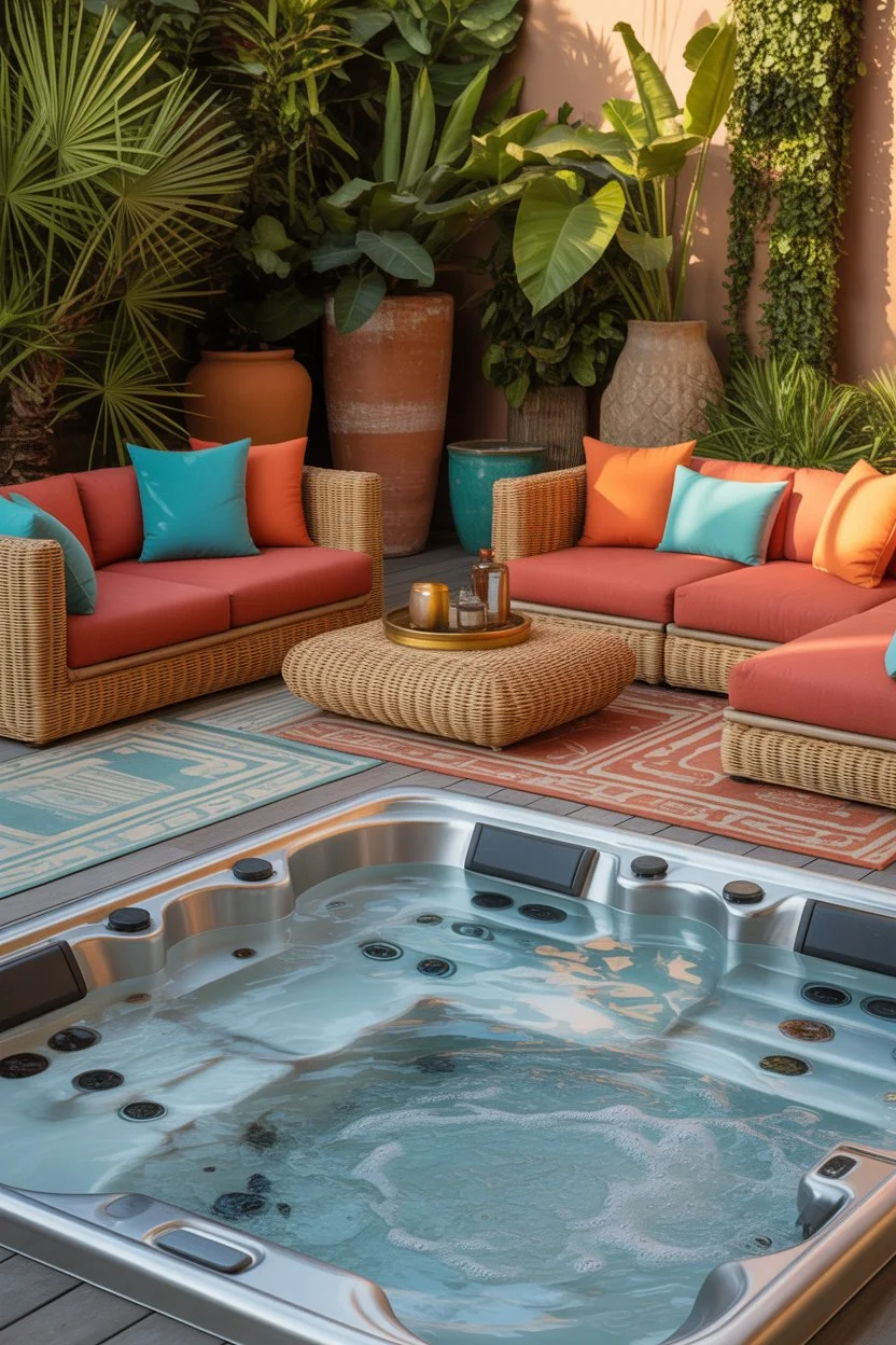 Cozy outdoor spa setup featuring a modern jacuzzi, wicker seating, colorful cushions, and lush tropical greenery.