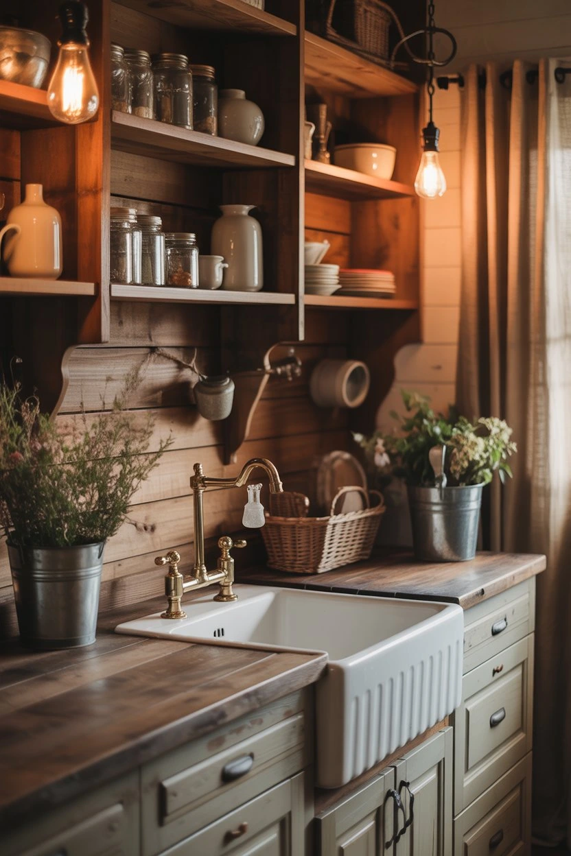 Cozy rustic farmhouse kitchen featuring wooden shelves, apron sink, warm lighting, and vintage decor