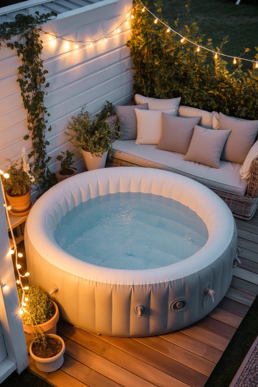 Cozy small patio with inflatable outdoor hot tub and warm string lights