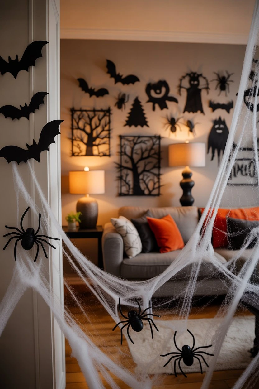 Cozy spooky Halloween living room with spider webs and wall decorations