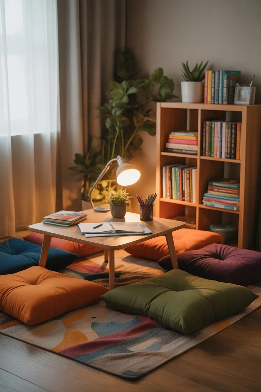Cozy study corner with floor seating, low table and bookshelf