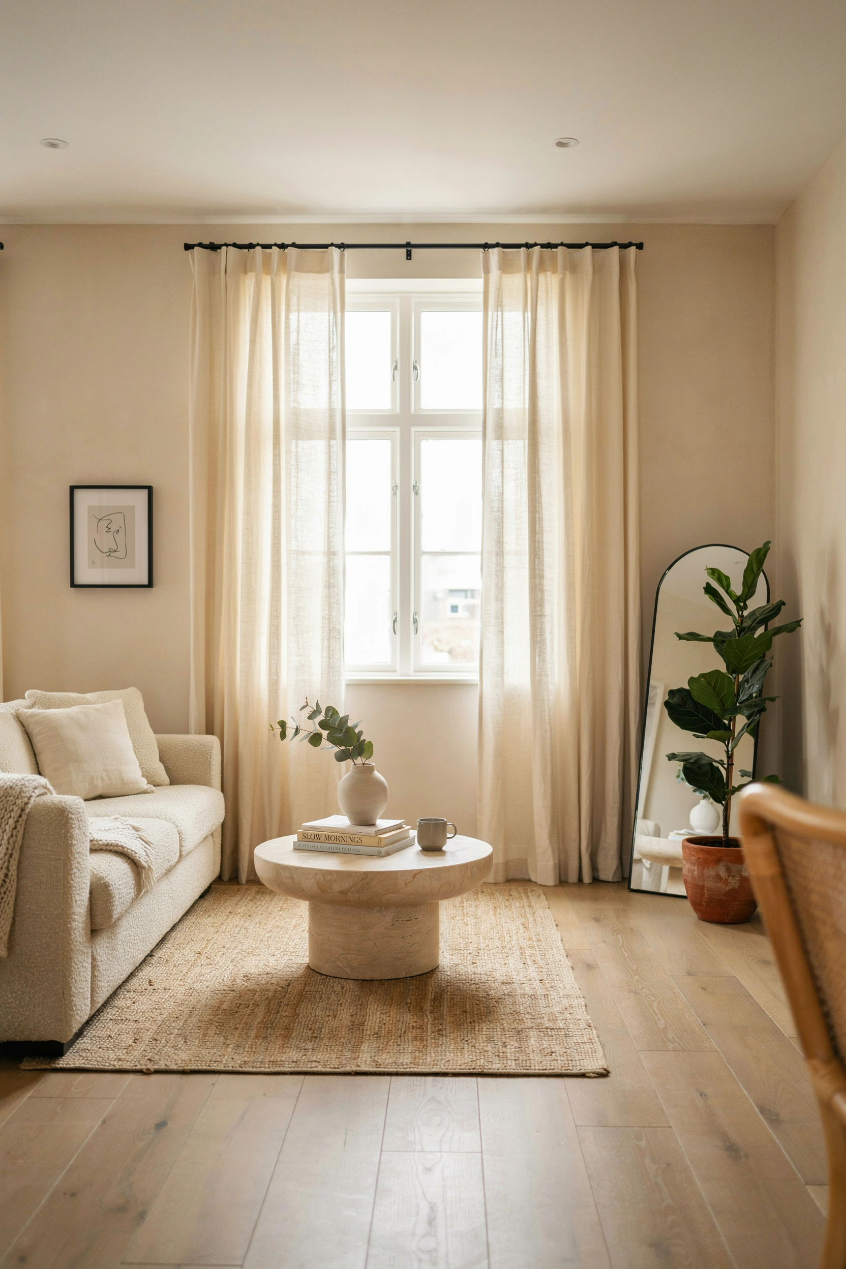 High-hung linen curtains making a rental living room feel taller and more elegant