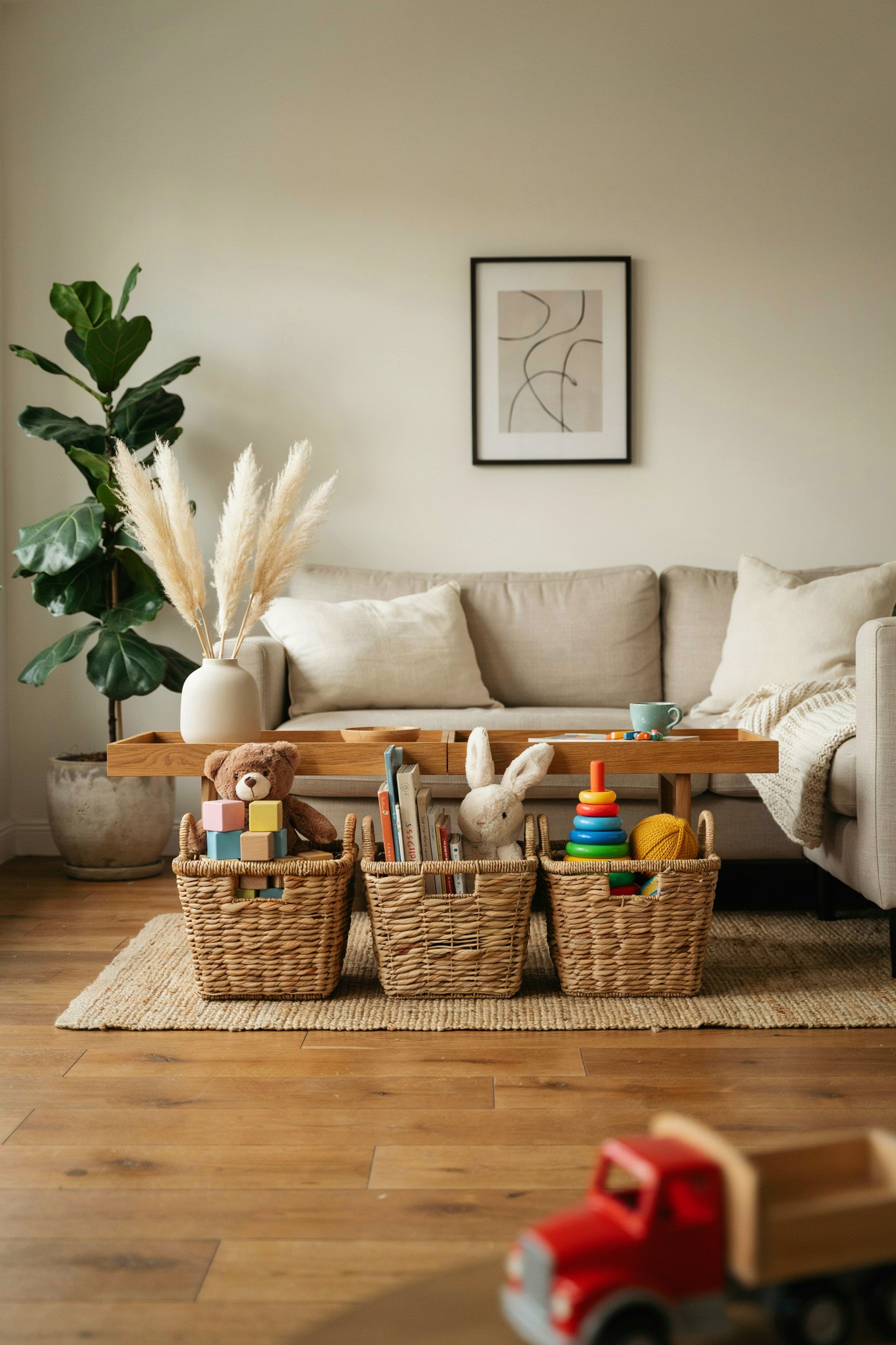Decorative wicker baskets used for toy storage in a clean and stylish family living room