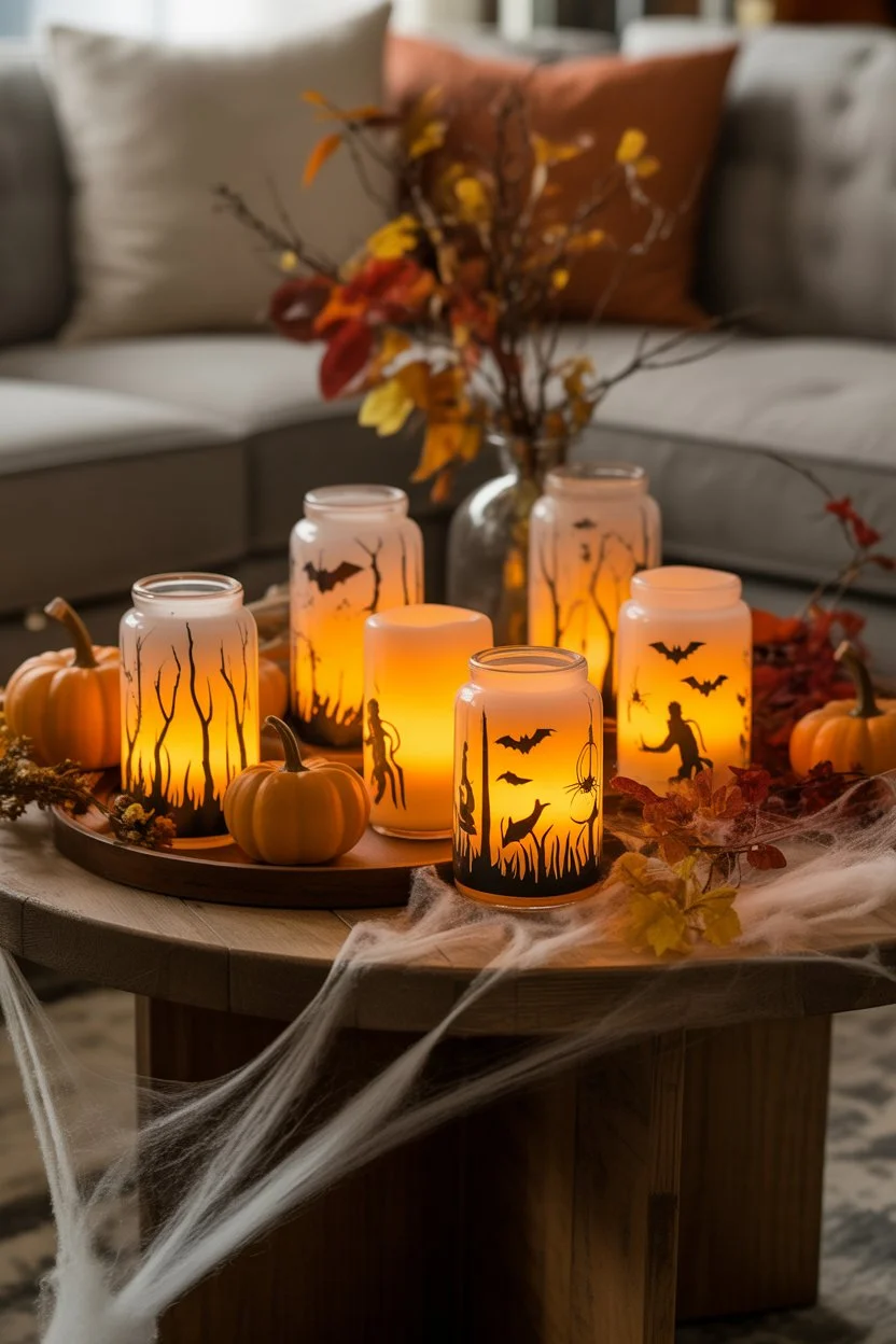 DIY Halloween living room decor with spooky candle jar lanterns