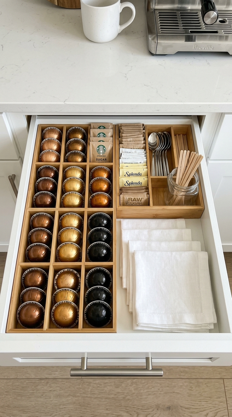Organized kitchen drawer coffee station with bamboo dividers, coffee pods, and supplies in neat compartments
