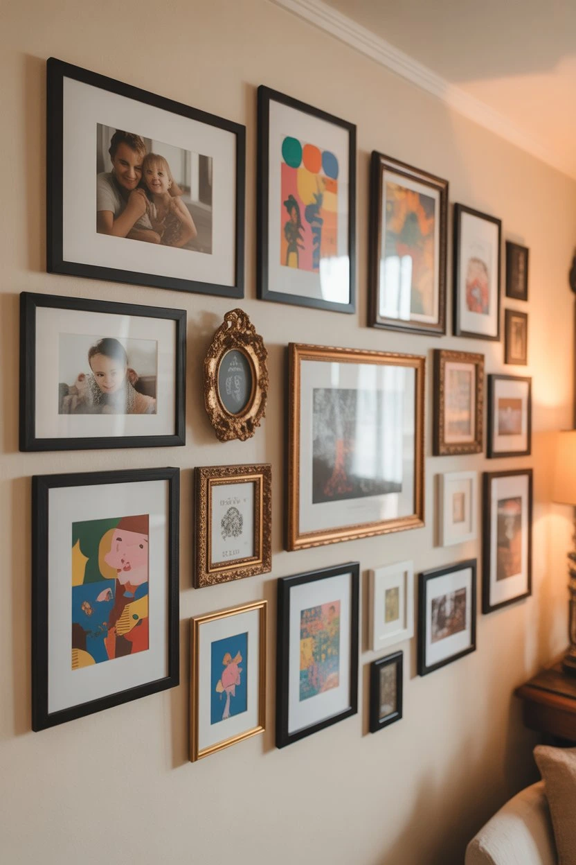 Family living room gallery wall with framed photos and art