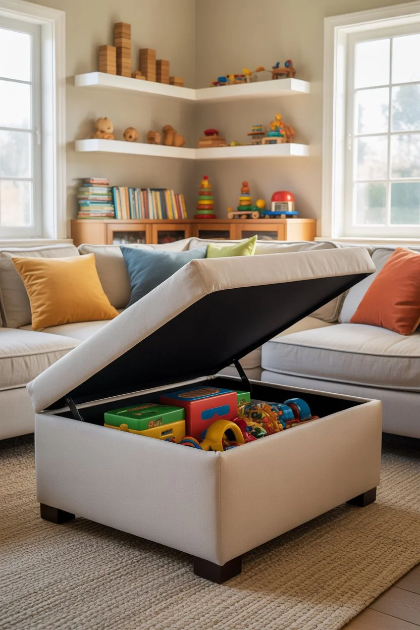 Family living room with storage ottoman for kids toy organization