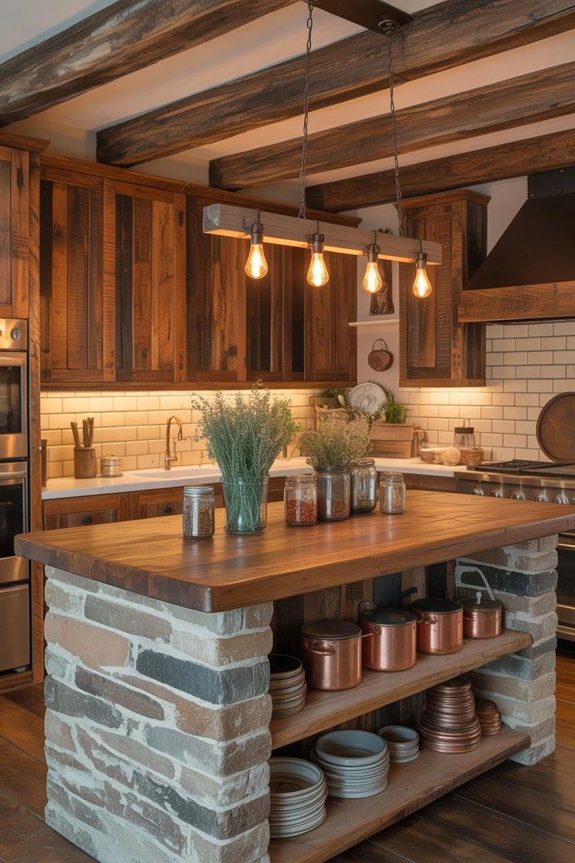 Farmhouse kitchen with wooden island, exposed ceiling beams, and warm pendant lighting