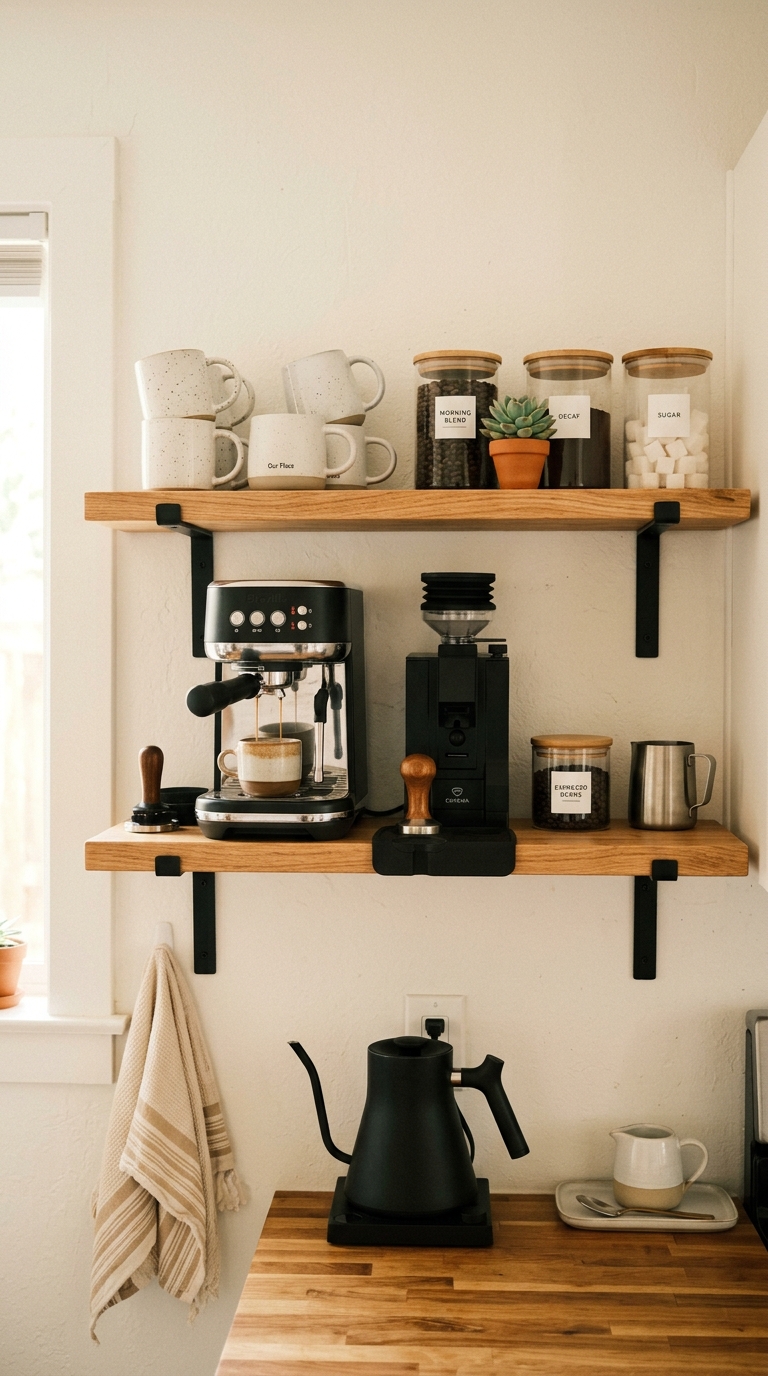 Floating shelf coffee bar in rental kitchen with espresso machine, hanging mugs, and glass jars on wood shelves