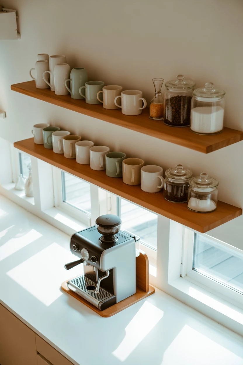 Floating shelf coffee station in small kitchen