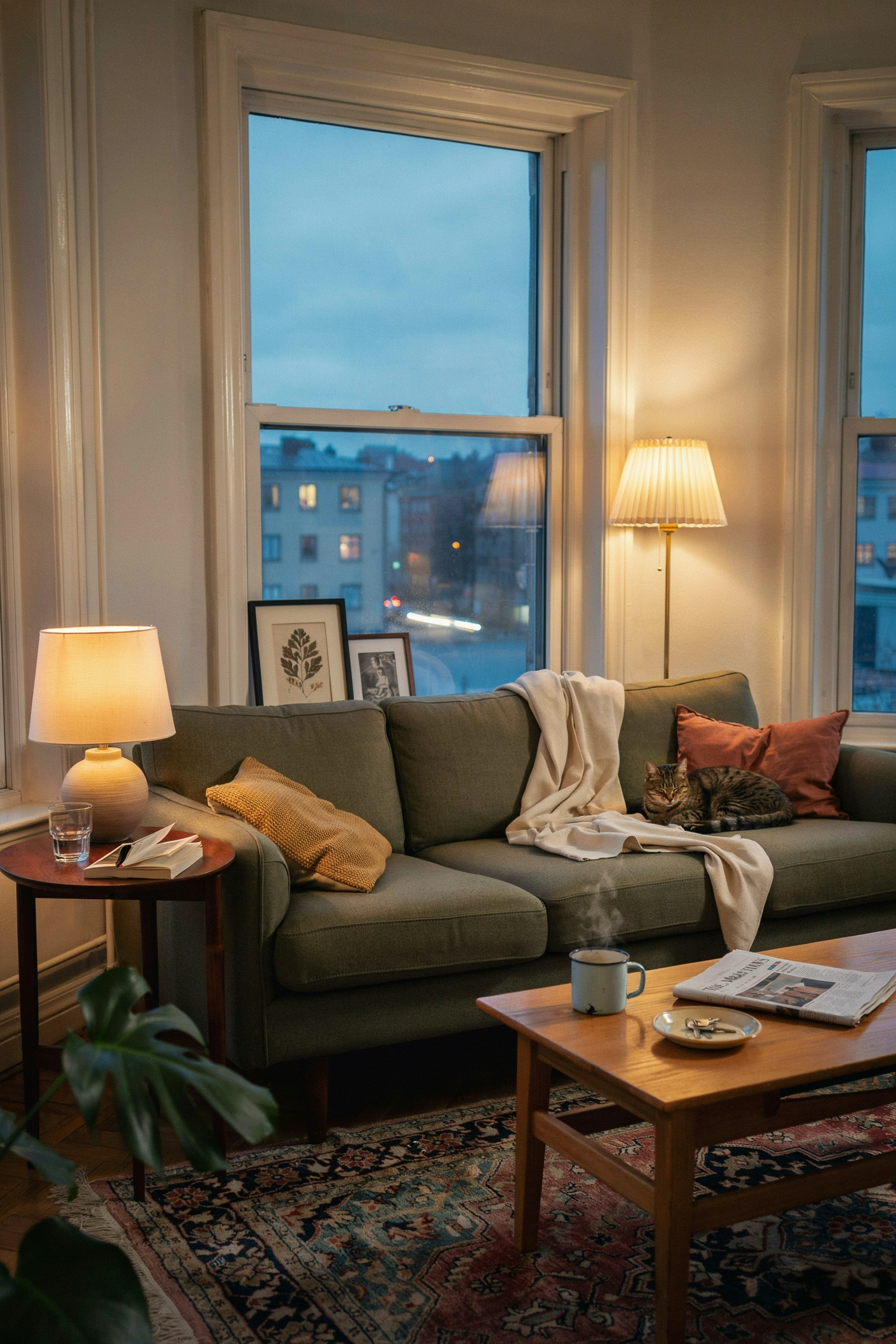 Floor and table lamps creating warm layered lighting in a renter-friendly living room