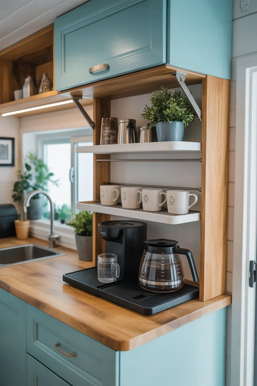 Fold-down coffee station for small spaces