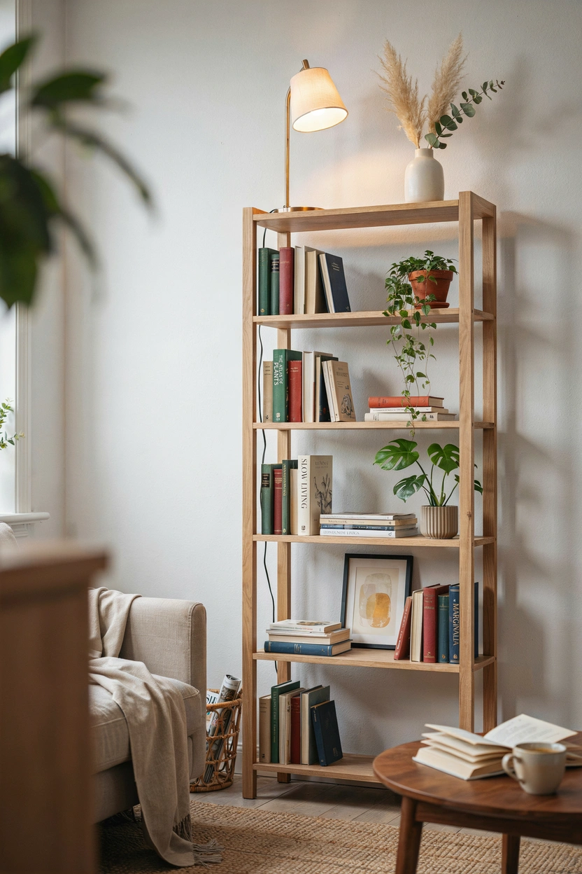 Tall freestanding shelves styled with books and plants in a renter-friendly living room