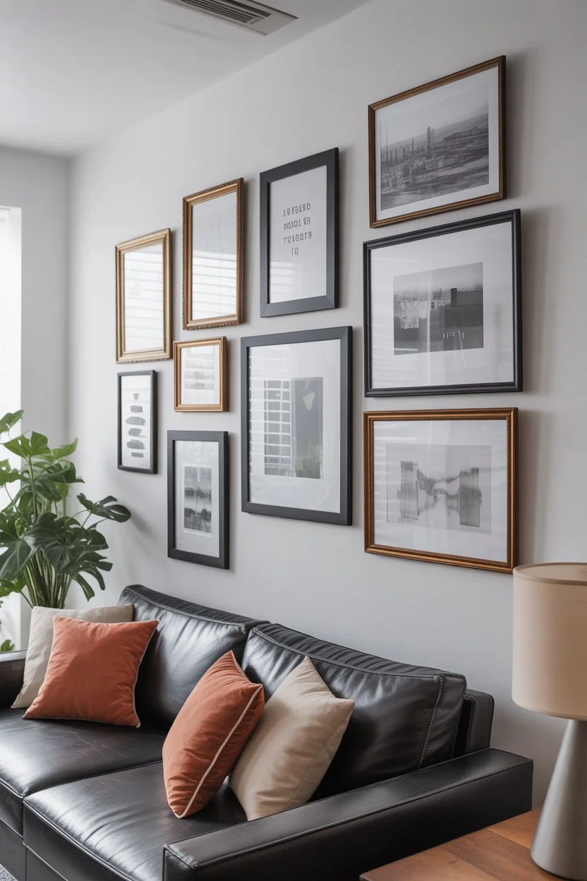 Modern living room with gallery wall art, black leather sofa, and neutral decor