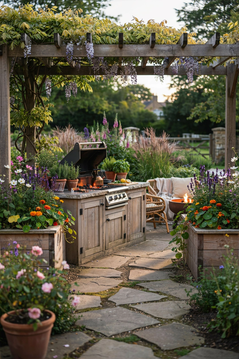 Garden-integrated outdoor kitchen surrounded by lush plants and natural landscaping