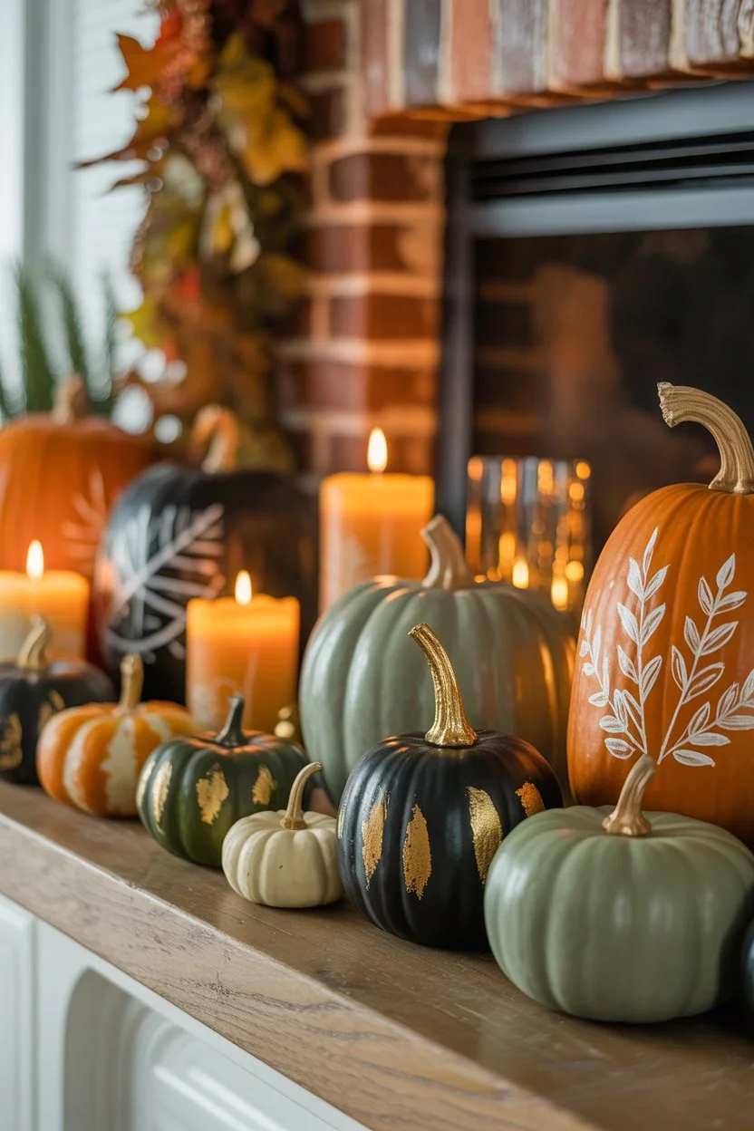 Halloween living room mantel decorated with pumpkins and candles