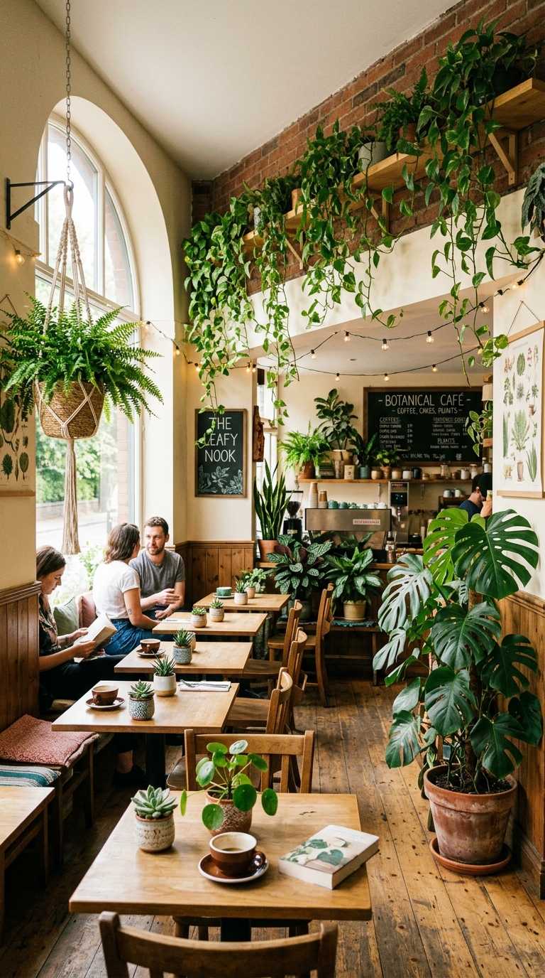Small coffee shop with layered indoor plants including trailing pothos, monstera, and tabletop succulents
