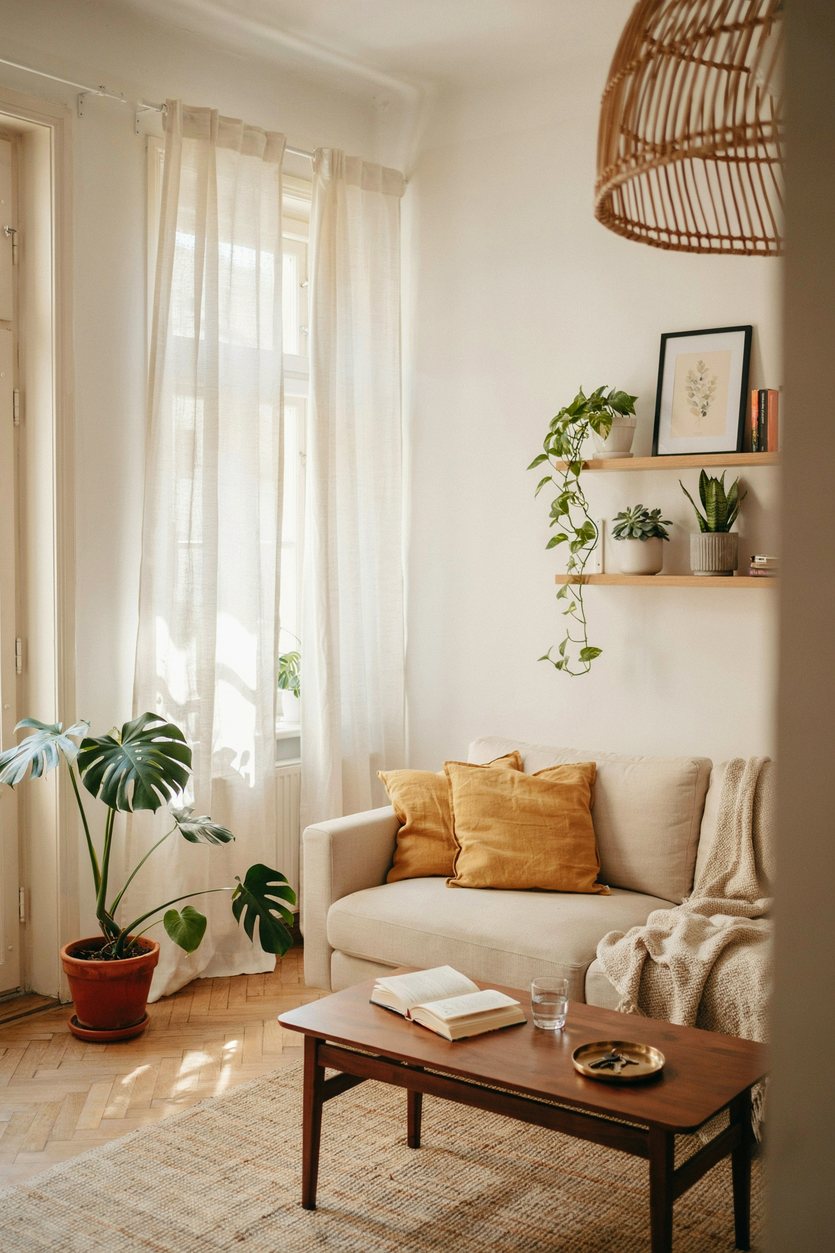 Indoor plants, including a large Monstera, adding life to a renter-friendly living room