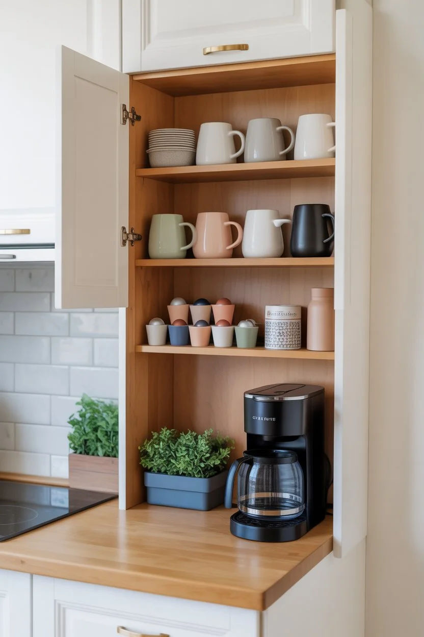 Inside cabinet coffee station for small kitchens