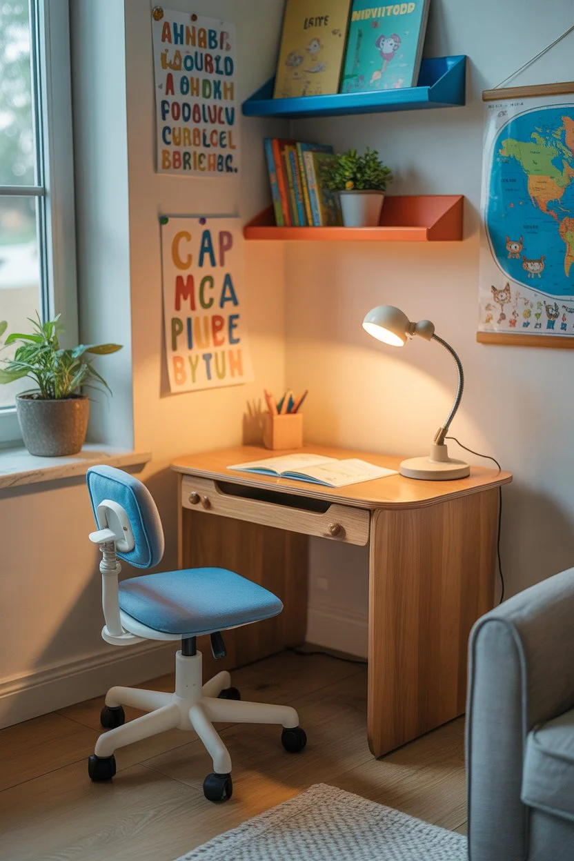 Kids homework station in living room with small wooden desk, study lamp, and shelves