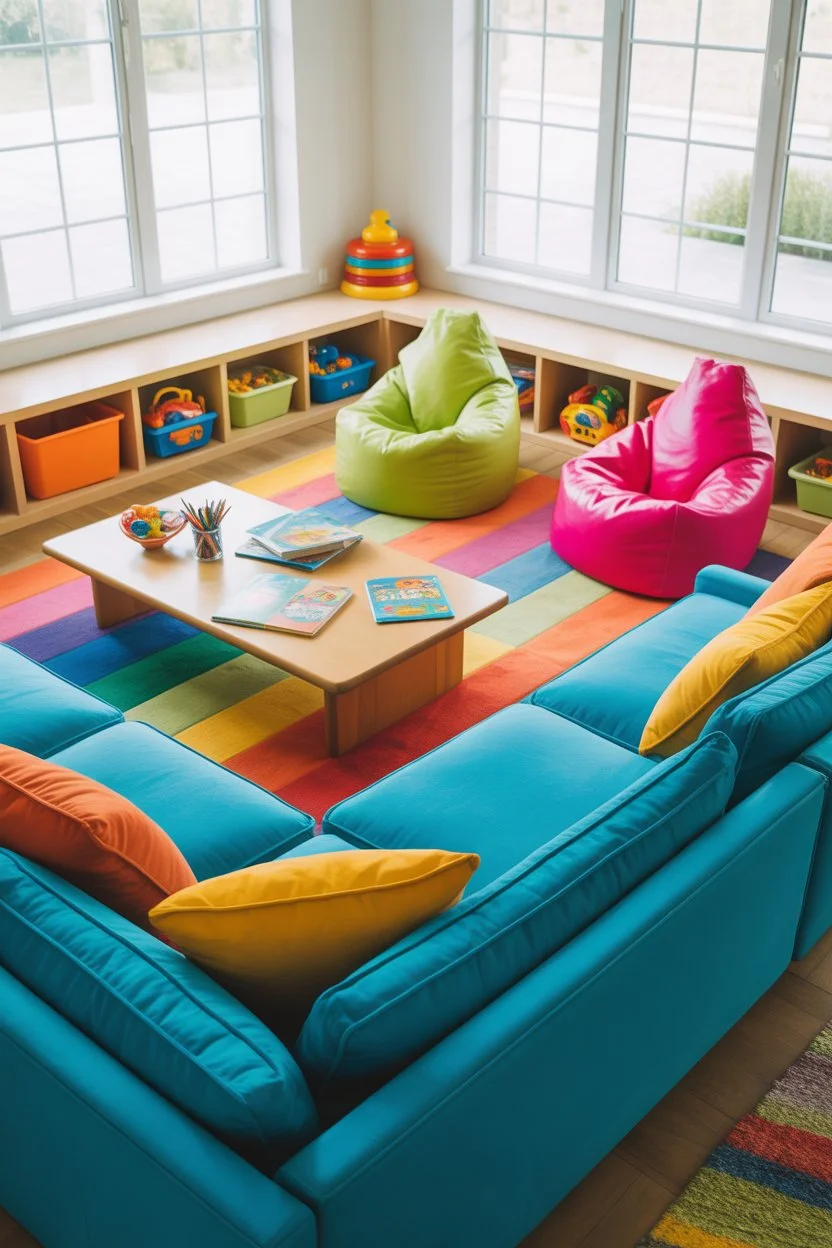 Colorful kids play area in a family living room with storage and seating