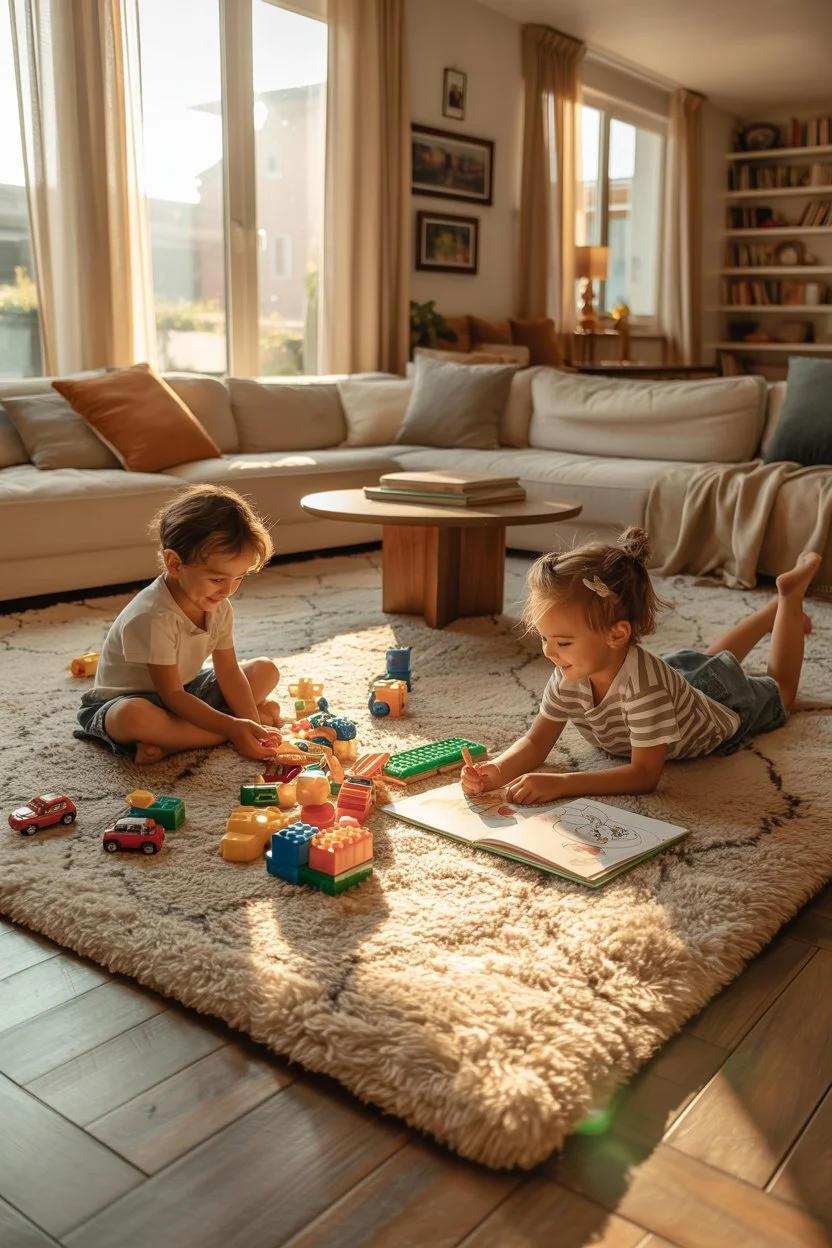 Kids playing with toys in a cozy family living room