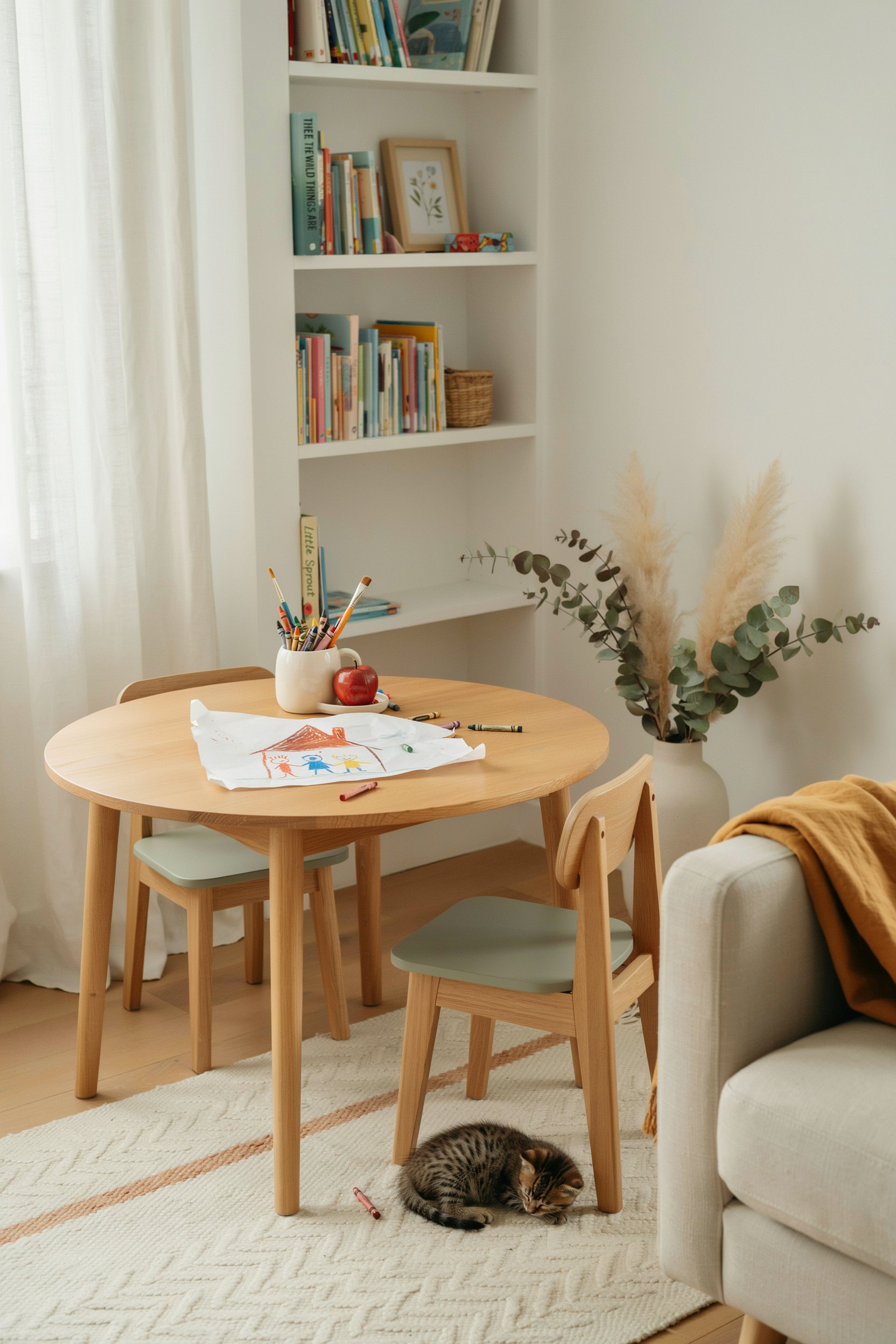 Small kids' activity table and chairs in the corner of a cozy family living room