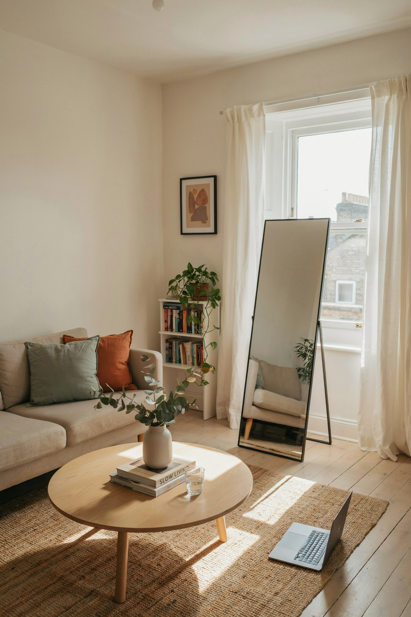 Large leaning floor mirror brightening a small renter-friendly living room