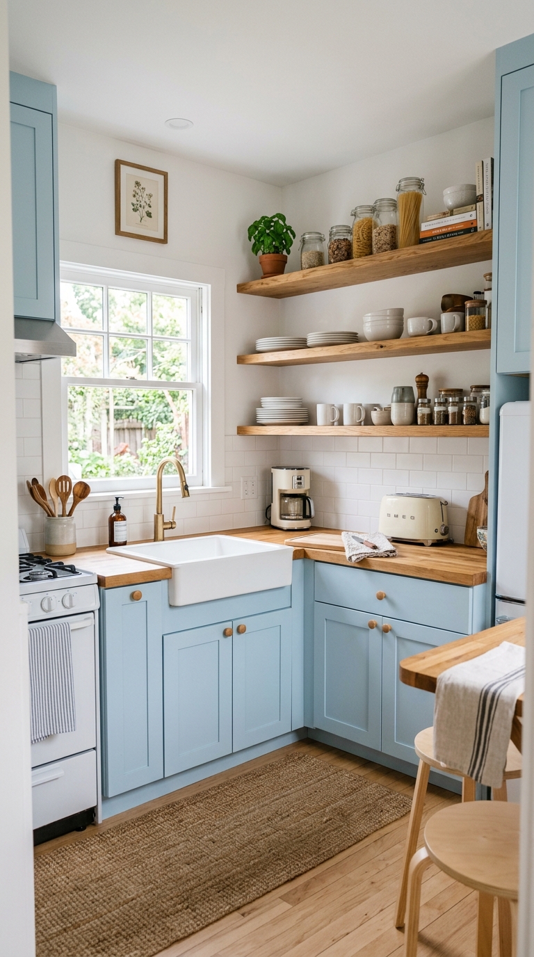Light blue kitchen cabinets in a bright airy small kitchen