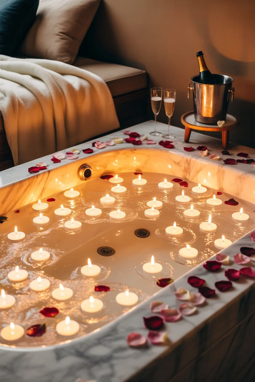 Luxury indoor jacuzzi with candles, rose petals and relaxing spa atmosphere