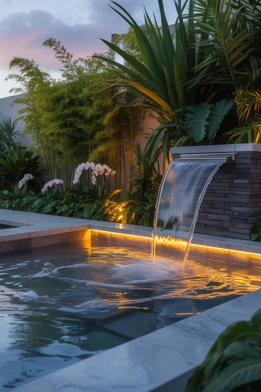 Luxury outdoor jacuzzi with a modern waterfall feature, ambient lighting, and tropical garden landscaping at sunset