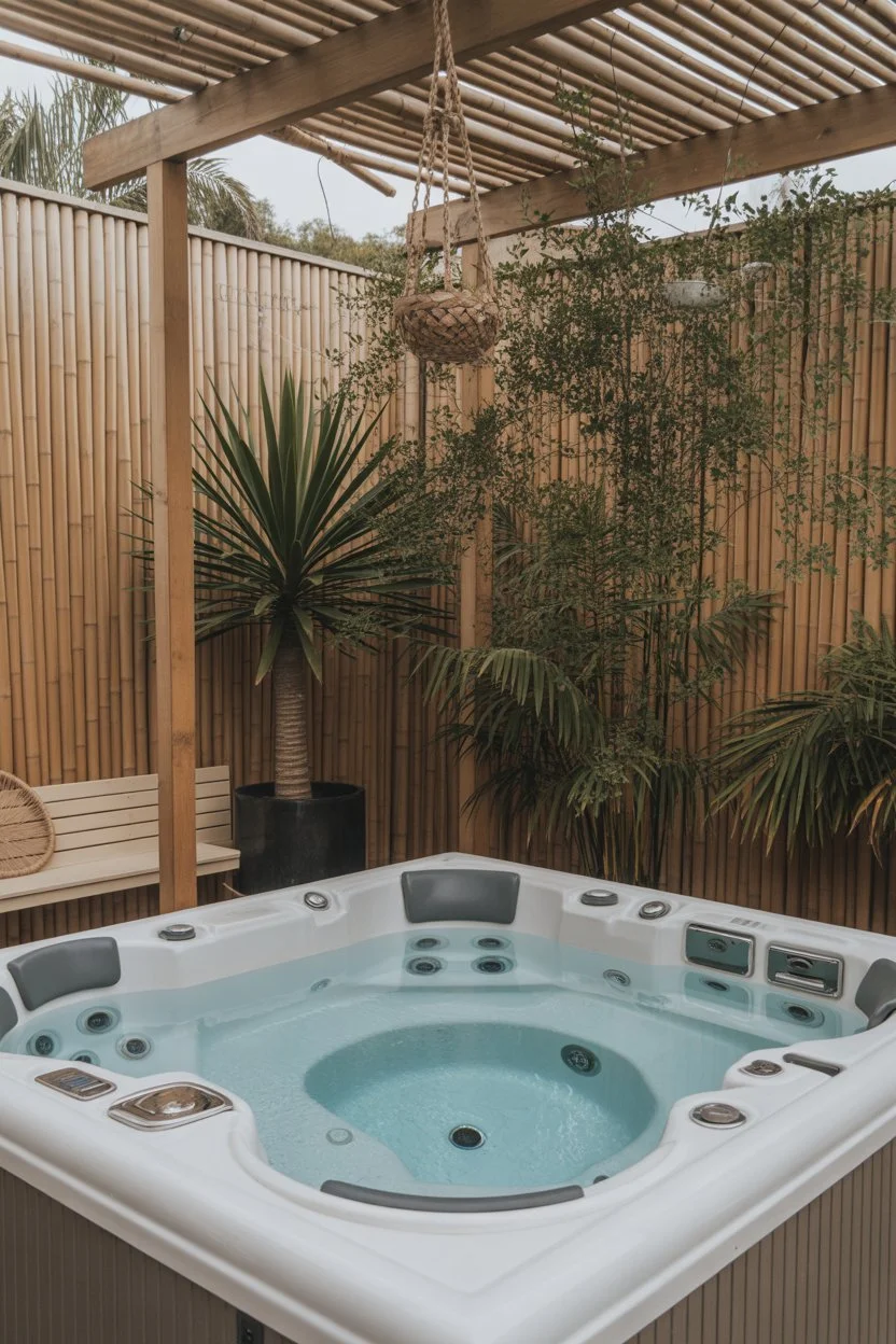 Luxury outdoor jacuzzi with bamboo privacy screens, wooden pergola, and tropical plants creating a serene backyard spa retreat.