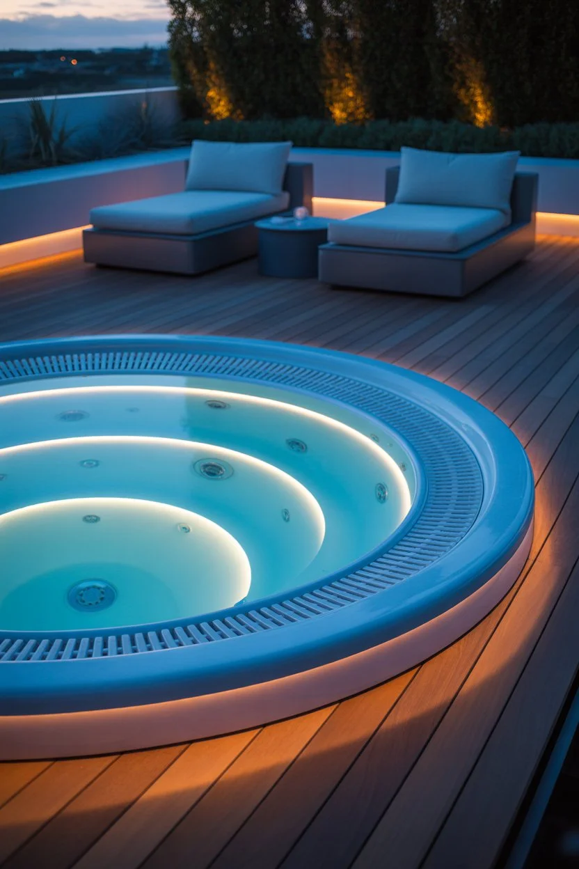Luxury outdoor jacuzzi with LED lighting on wooden deck, modern spa terrace design at night