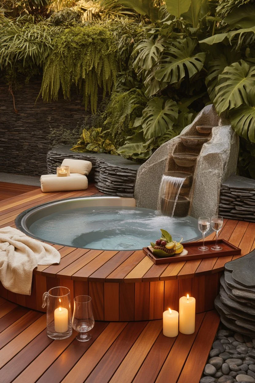 Luxury outdoor jacuzzi with waterfall feature on wooden deck surrounded by greenery