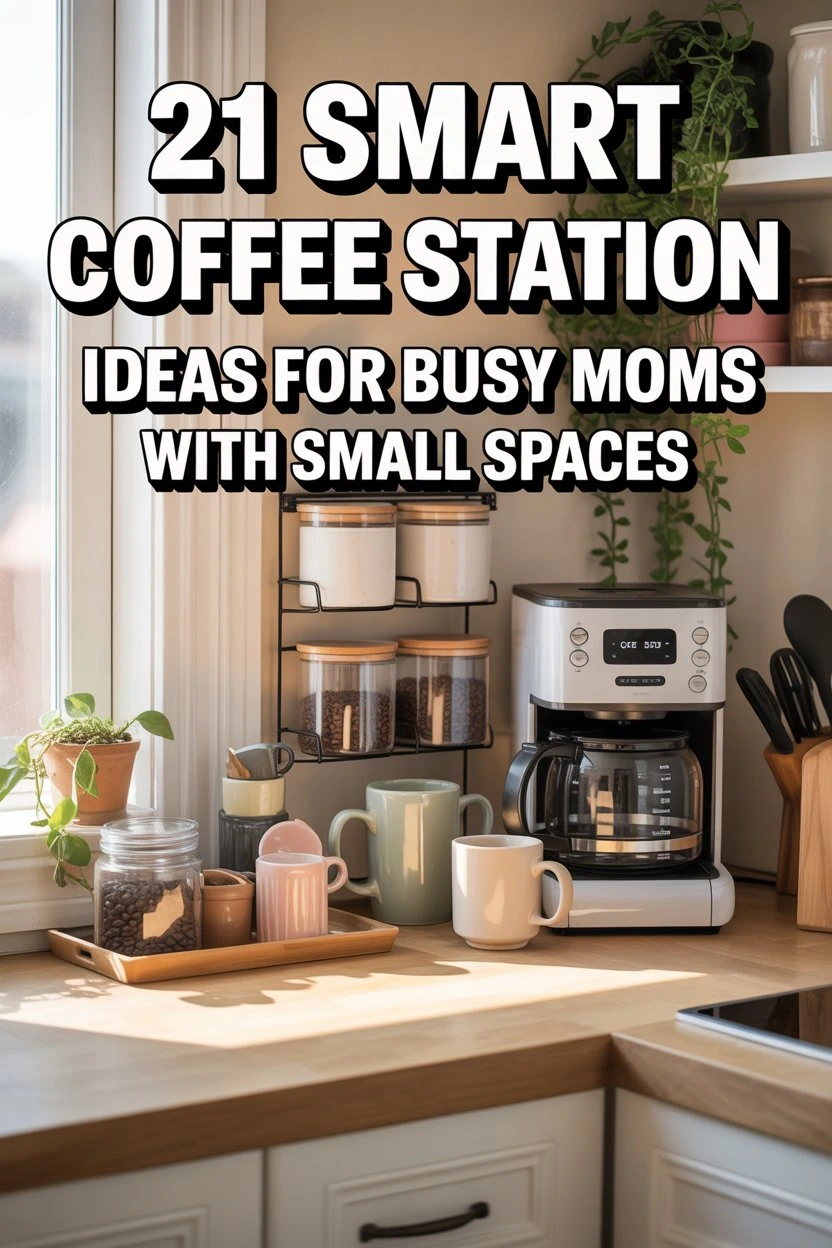 Small kitchen coffee station with coffee maker, mugs, and storage shelves