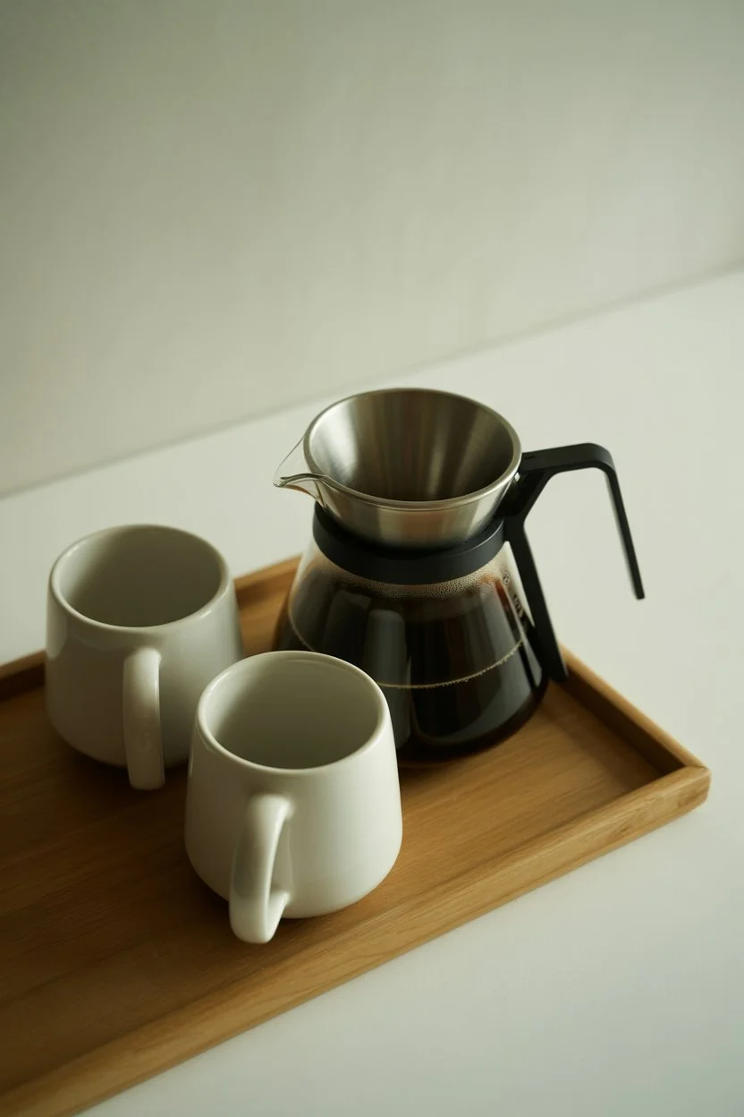 Minimal coffee setup with pour over and ceramic mugs