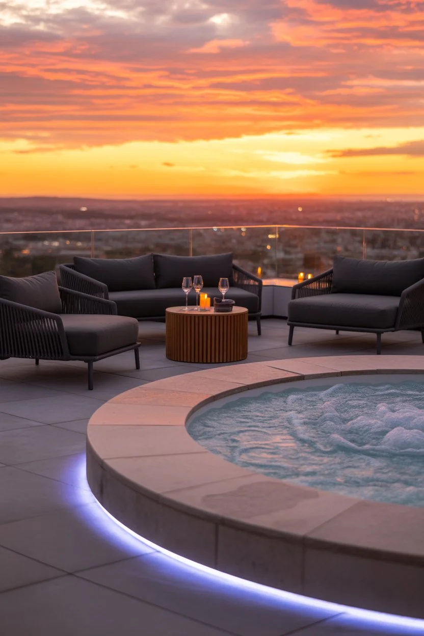 Modern outdoor jacuzzi terrace at sunset with glass railing, warm lighting, and luxury spa ambiance
