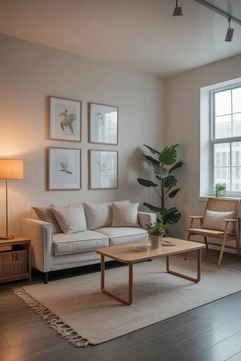 Minimalist apartment living room with light sofa, wooden furniture, and indoor plants