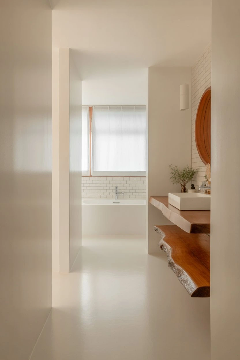 Bright minimalist bathroom featuring a natural wood vanity, round mirror, and neutral tones