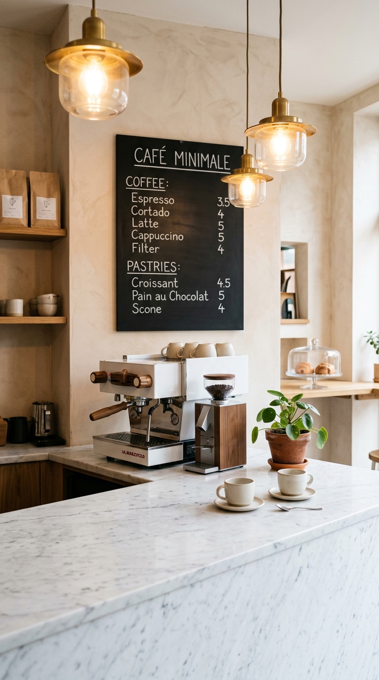 Minimalist coffee shop counter in white marble with espresso machine, ceramic cups, and chalkboard menu above