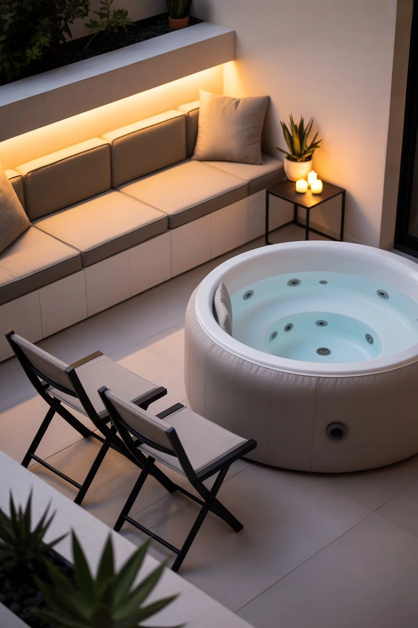 Minimalist patio jacuzzi with seating and soft LED lighting